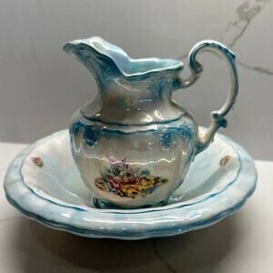 Unique Vintage Porcelain Wash Basin and Pitcher Set Iridescent Blue 5.5” tall
